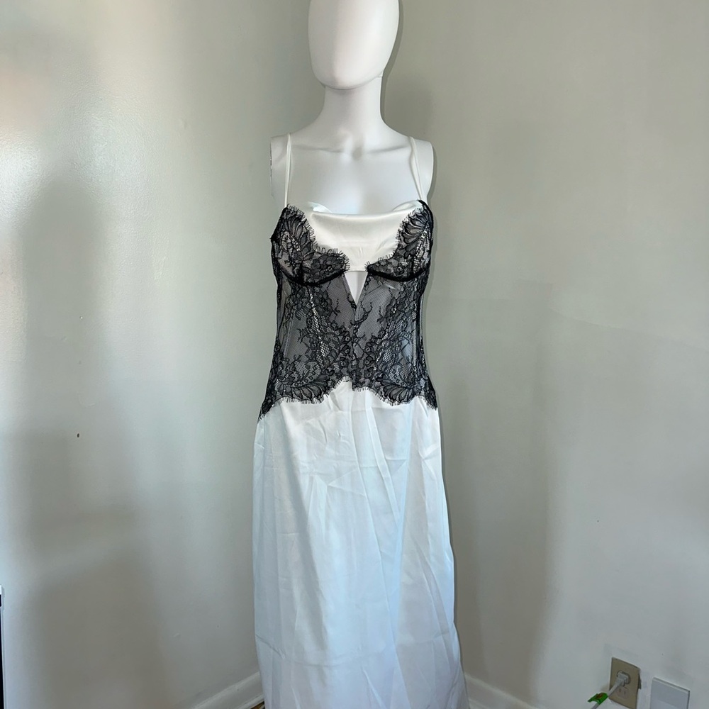 Silk Slip Nightgown with Black Lace Overlay - White